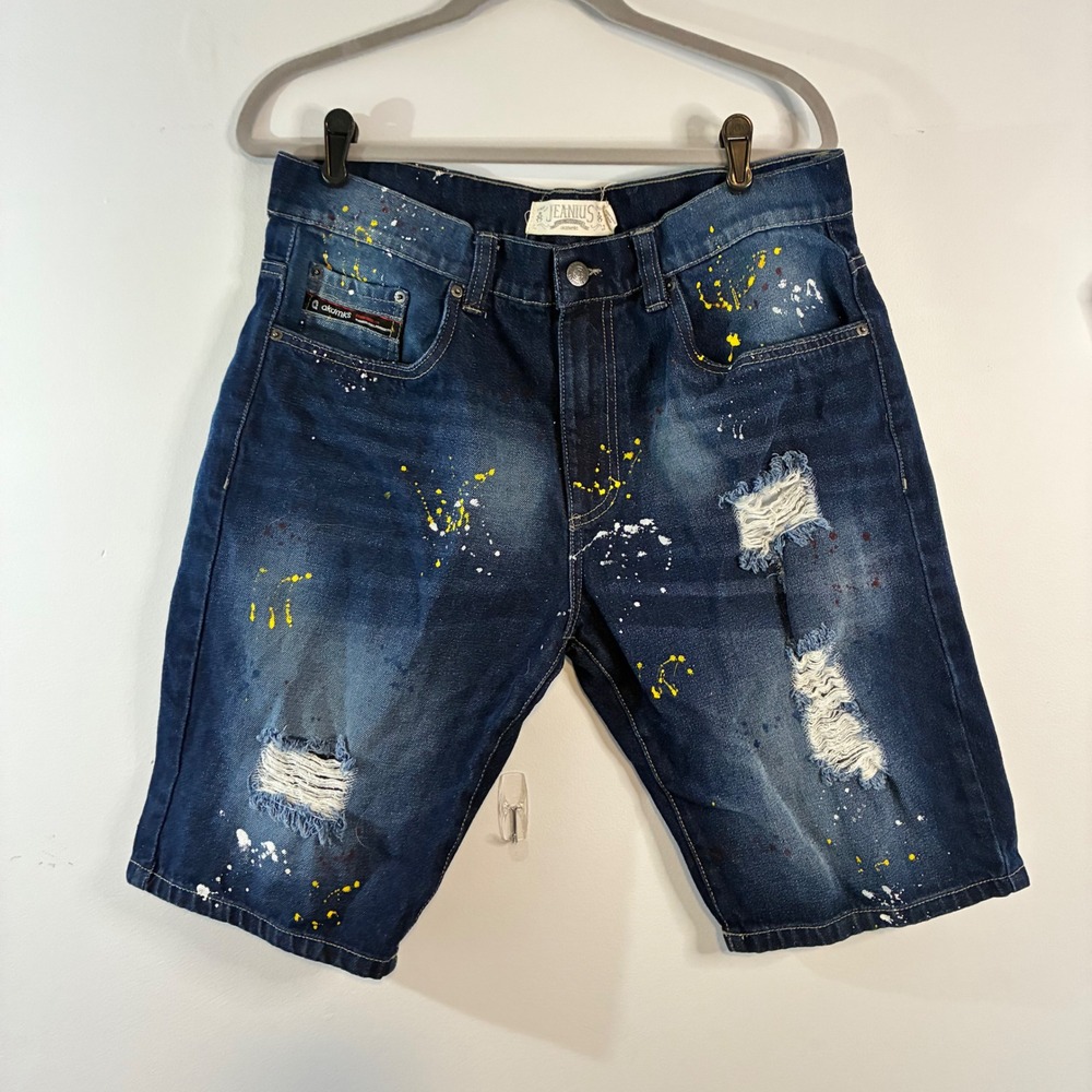 Jeanius Akademiks Denim‎ Shorts Distressed Paint Splatter Dark Wash Mens Y2K-34
